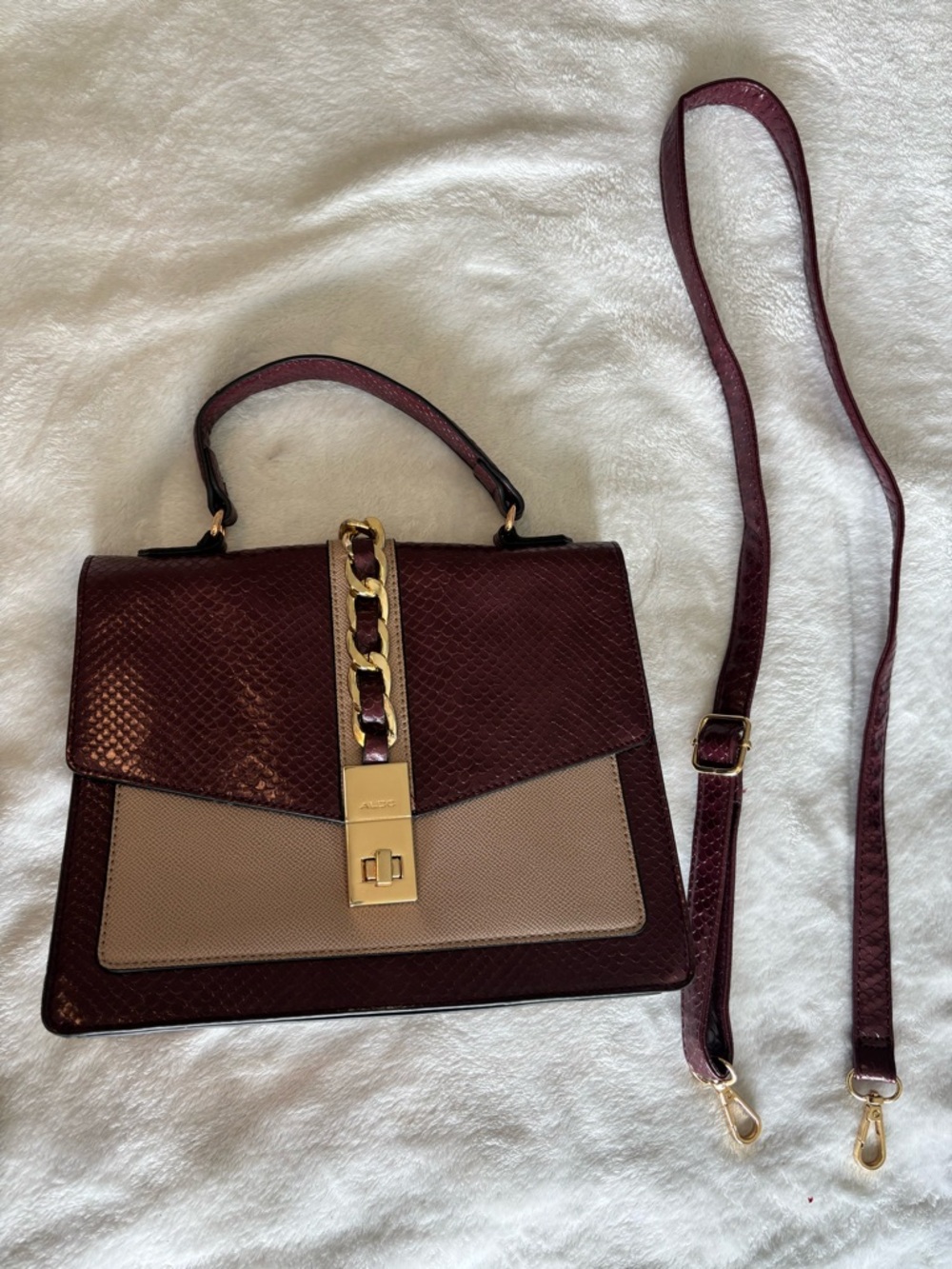 Aldo Two-Tone Burgundy and Taupe Top-Handle Satchel
